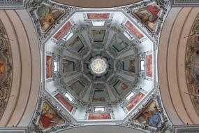 bottom view of dome in cathedral, austria, salzburg