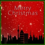 christmas greeting card with stars and city silhouette