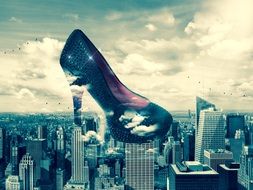 higheels womenâs shoes in clouds above city, collage