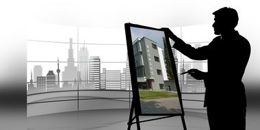 man silhouette at stand with picture of building in view of city