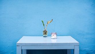 furniture table interior home room blue wall