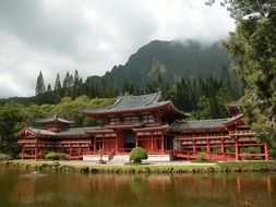 buddhist temple on coast at mountain, hawaii