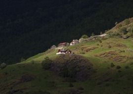 village on mountain side, scenic landscape, norway, flam