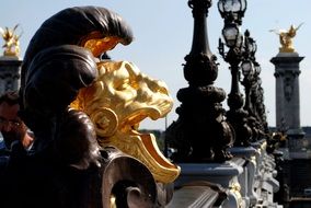 golden lion head, sculpture on bridge, france, paris, Pont Alexandre III