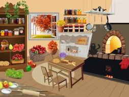 jars, fruits and vegetables in kitchen at autumn, illustration