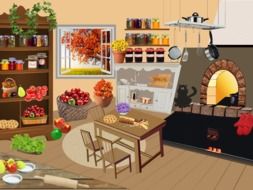 jars, fruits and vegetables in kitchen at autumn, illustration