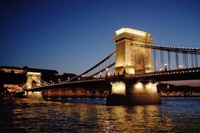 Széchenyi Chain Bridge across Danube river at night, hungary, budapest