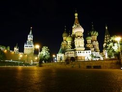 kremlin and st basilâs cathedral on red square at night, russia, moscow