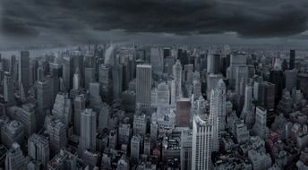 skyline of new york city under stormy clouds, usa, manhattan