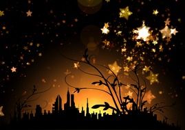 golden stars at sunset sky above silhouette of city, illustration