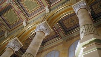 pesti vigadó, columns at ornamented ceiling of concert hall, hungary, budapest