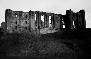 ruin of castle at night, black and white