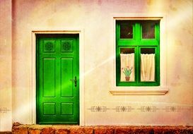 bright green entrance door and window on old house facade