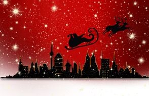 christmas illustration with santa claus in red sky above city skyline