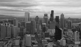 downtown in cityscape, black and white, usa, washington, seattle