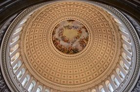 bottom view of capitol dome, ornamented ceiling, usa, washington dc