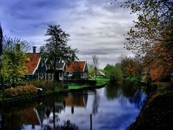 traditional village houses at water in autumn landscape, netherlands, zaanse schans