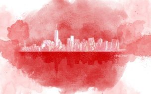 city skyline, red watercolor illustration