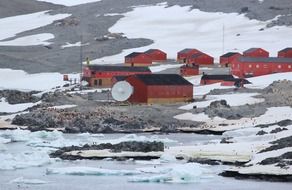 red buildings of argentina’s antarctica station on frozen coast, south pole