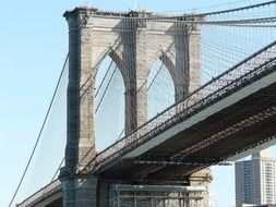 low angle view of suspension brooklyn bridge, usa, new york city