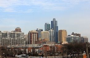 city skyline at winter, usa, illinois, chicago