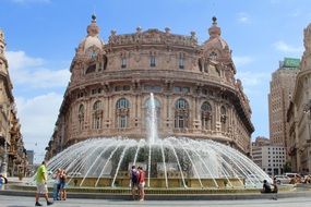 fountain on old beautiful Piazza de Ferrari, italy, Genoa