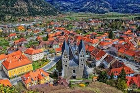 top view of St. Bartholomäus church in old town, austria, friesach