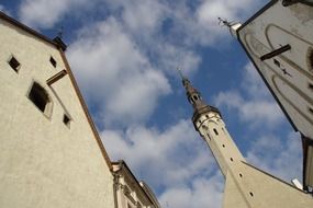 town hall tower in city at sky, estonia, tallinn