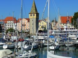 Sailing boats in the port of Lindau at Lake Constance