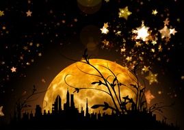 night sky moon city silhouettes