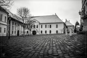 Black and white photo of the old church on the square in town