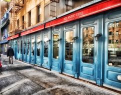 picturesque facade of atlantic grill restaurant at winter, usa, manhattan, new york city