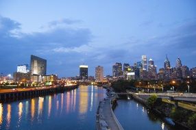 colorful lights in city at dusk, usa, Pennsylvania, philadelphia