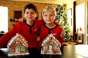 two boys and two gingerbread houses on the background of the Christmas tree