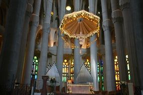 Floating Jesus sculpture above the Main Altar Of The Sagrada Familia cathedral, spain, barcelona