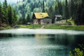 scenic landscape with spruce forest on mountain and village buildings at water, germany