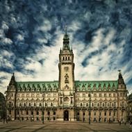 town hall, historical building at cloudy sky, germany, hamburg