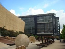 modern buildings and art objects on plaza los deseos, colombia, medellin