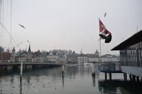 old city skyline with birds at pier on lake, switzerland, lucerne