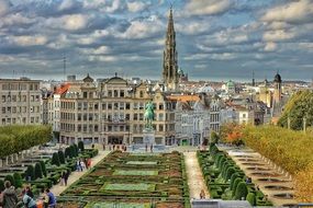 gothic spire of city hall above old town, belgium, brussels