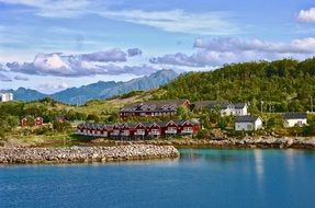 traditional colorful wooden houses on mountain side at fjord, beautiful summer landscape, norway