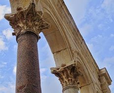 top of ancient roman columnar at sky, croatia, split