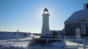 white lighthouse on snow at blue sky