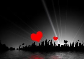 red and black heart forms above city silhouette, collage