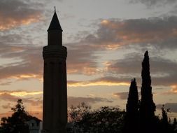 Alaaddin Mosque or Yivli Minare Mosque at sunset, turkey, antalya