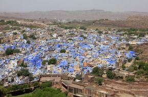 top view of blue city in desert, india, rajasthan, jodhpur