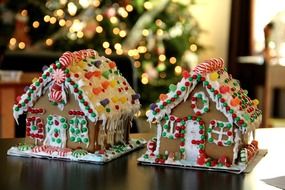two colorful gingerbread houses, christmas pastry