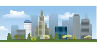 cityscape with skyscrapers, trees and clouds, illustration