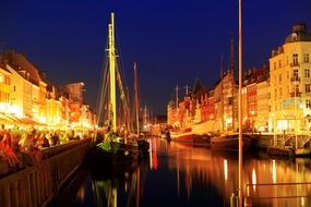 yellow night city lights at dark blue sky, denmark, copenhagen