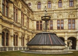 covered for winter fountain at opera house, austria, vienna